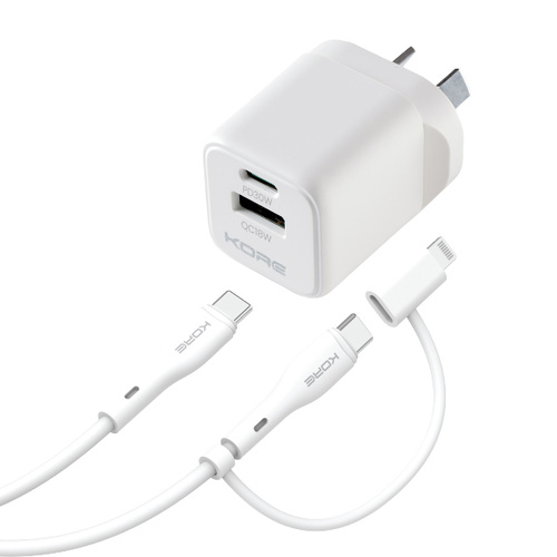 Kore Wall Charger 30W GaN Dual Port + 1m 2in1 USB-C to USB-C & Lightning Cable